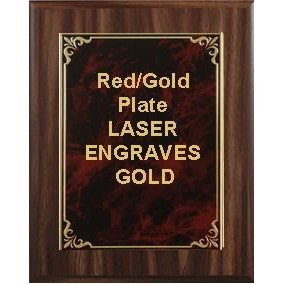 Classic Walnut Plaque 8" x 10"- Red/Gold - 5-7/8" x 7-7/8" Hi-Relief Plate