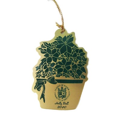 3" x 2" metal Poinsettia Ornament with a screen printed imprint and an assembled tassel/string