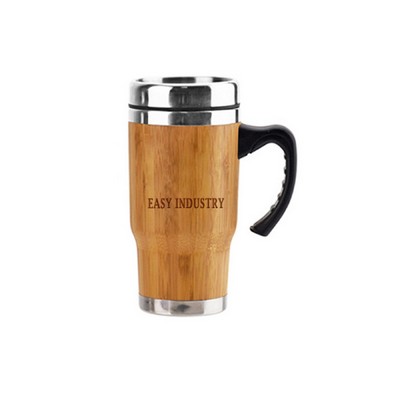 14 Oz. Plastic Handle Stainless Steel Bamboo Tumbler