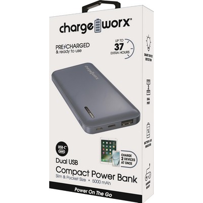 Chargeworx 5000mAh Dual USB Slim Power Bank, Bluestone