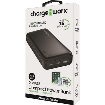 Chargeworx 10000mAh Dual USB Slim Power Bank, Black