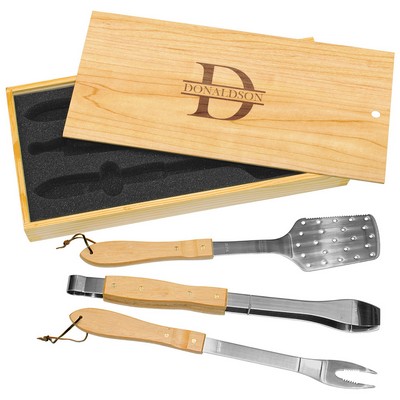 3-Piece BBQ Set in Wooden Pine Box