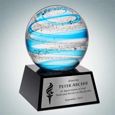 Art Glass Blue Jupiter Award w/ Black Base & Silver Plate