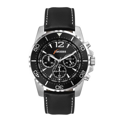 Wc9928 44mm Metal Silver Case, Chronograph Mvmt, Black Dial, Black Rotating Bezel, Leather Strap, Fl