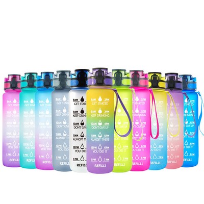 Water Bottle 32oz, Motivational Sports Water Bottle with Time Marker to Drink