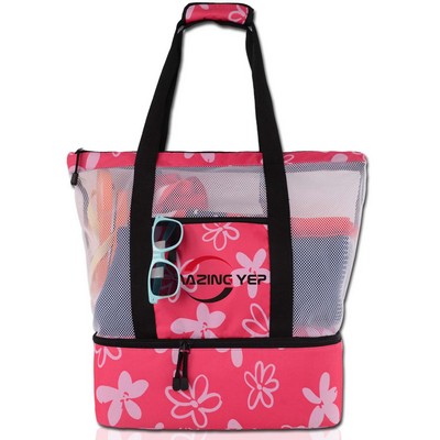 Picnic Mesh Tote Bag W/ Insulated Detachable Bottom Sunflower