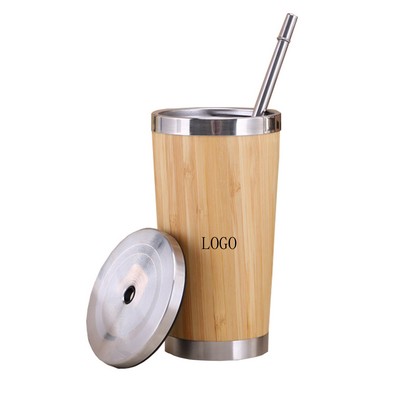 Stainless Steel Bamboo Tumbler With Straw - 15 oz