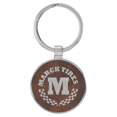 1 1/2" Leatherette/Metal Rustic/Silver Round Keychain