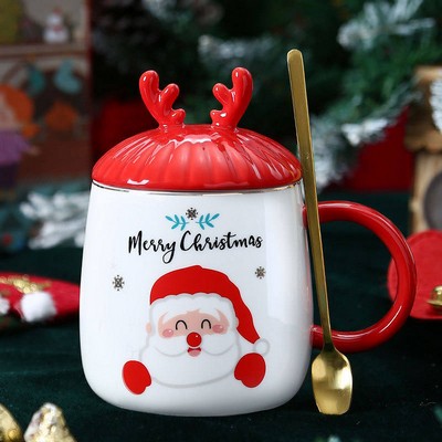 Christmas Gift Ceramic Coffee Mug w/Spoon & Lid