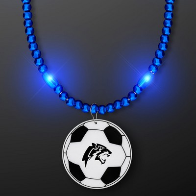 Blue LED Bead Necklace with Soccer Ball Medallion - Domestic Imprint