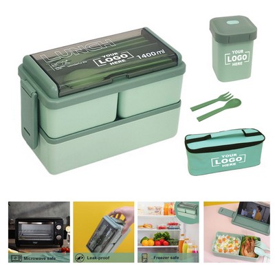 2-Layer Lunch Bento Box With Utensils Insulated Bag