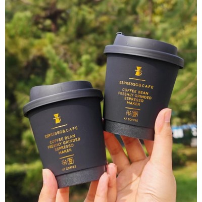 8oz 280ml Black Double Wall Paper Cup w/ Lid & Gold Foil Logo