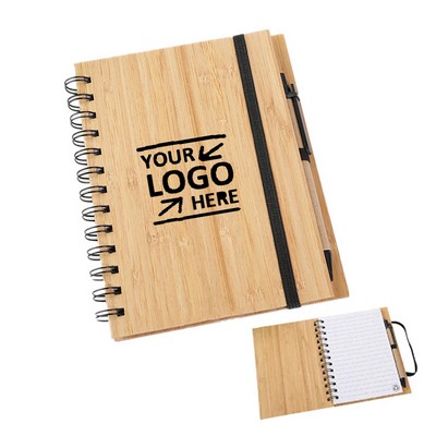 Bamboo Cover Spiral Notebook W/ Pen