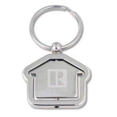 House shaped spinner keychain in quality silver chrome metal, with convenient split key ring