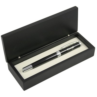 Glossy Black Roller Ball Pen with Diamond Cut Ring