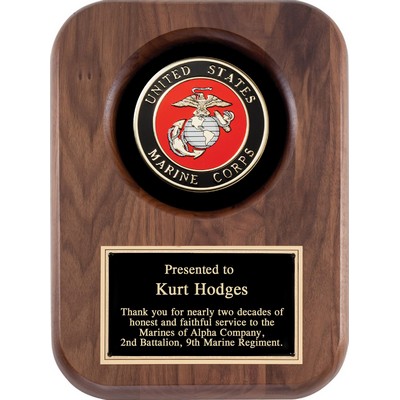 Walnut Finish Plaque with Cast Metal Marines Insignia, 9"x12"