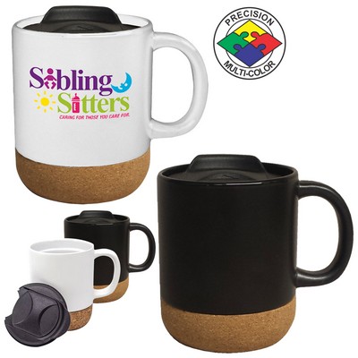 14 Oz. Black Desk Mug w/Cork Base & Slider Lid - Dishwasher Resistant - Precision Spot Color