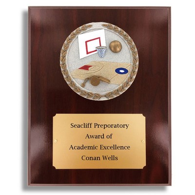 Dark Cherry Walnut Finish Plaque w/Basketball Stone Cast Emblem (8" x 10")