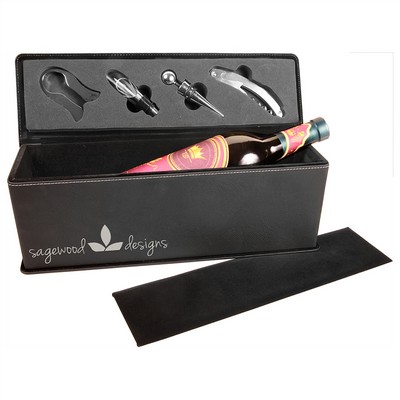 Laserable Black-Silver Leatherette Single Wine Box with Tools