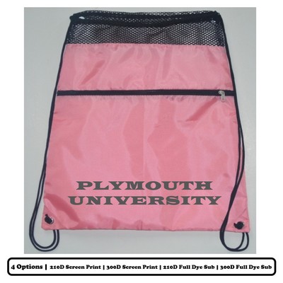 Mesh-Top Polyester Drawstring Bag w/ Horizontal-Zip Pocket w/ Custom Logo