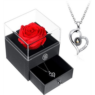 Necklace Heart Pendant w/ Red Rose Jewelry Box