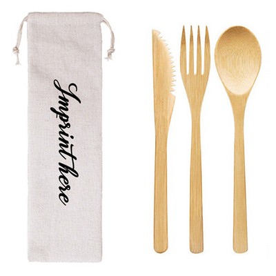 Reusable 3 Piece Bamboo Utensils Set In Canvas Travel Pouch