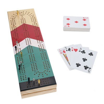 Cabinet Cribbage Set - Nautical Print - Solid Wood Continuous 3 Track Board