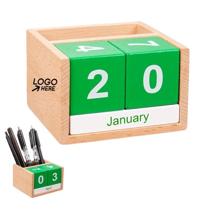 Wooden Perpetual Calendar With Pen Holder