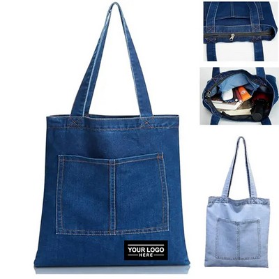 Large Women Denim Tote Bag With Zipper