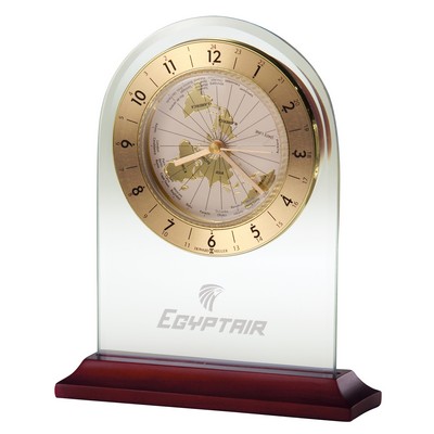 Howard Miller World Time Glass Arch Alarm Clock w/ Rosewood Base