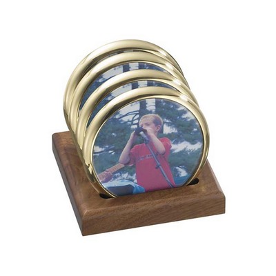 Photosmart Solid Brass Set of 4 Coaster Set w/Square Walnut Stand