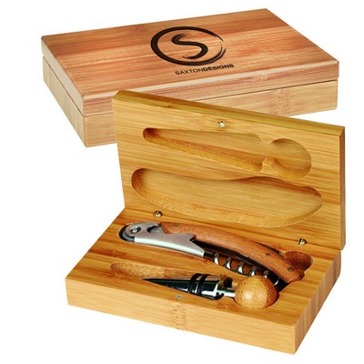 Bamboo 2 Piece Wine Tool Gift Set- Screen Imprint