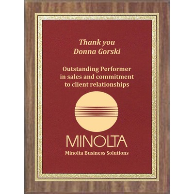 Economy Walnut Finish Plaque Series with Burgundy/Brass Florentine Plate, 7"x9"