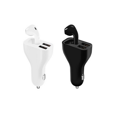 Dual USB Car Charger w/TWS Wireless Earphone