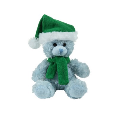 soft plush Blue Curly Sitting Bear with Christmas scarf &hat