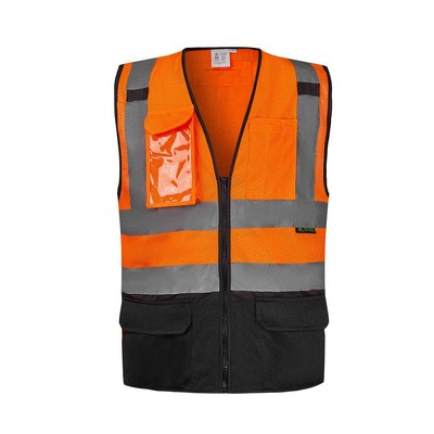 3C Safety Orange ANSI/ISEA 107-2015 Class 2 Mesh Safety Vest w/ 9 Pockets, Black Bottom, ID Pocket