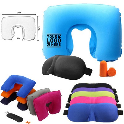 U Shape Inflatable Neck Pillow w/3D Sleep Mask & Earplugs