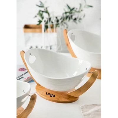 Oval Ceramic Serving Bowl With Bamboo Stand Decorative Bowl For Party Wedding