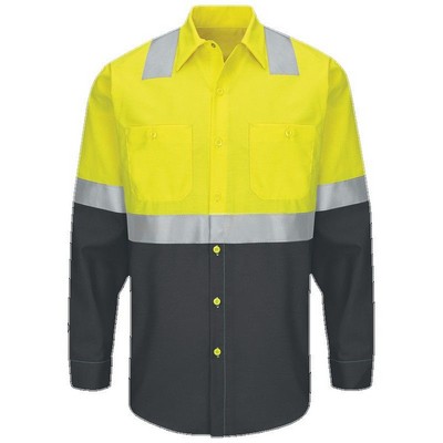 Red Kap™ Hi-Visibility RipStop Long Sleeve Work Shirt Type R, Class 2 - Yellow/Silver/Charcoal Gray