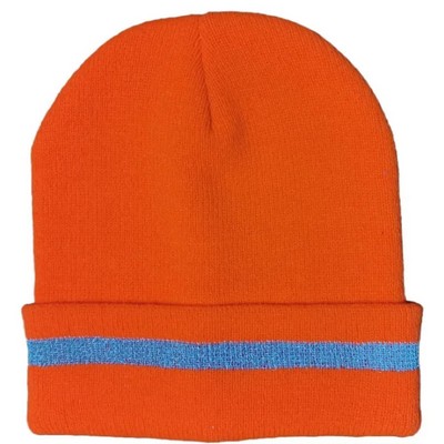 Hi Viz 100% Acrylic Reflective Stripe Knitted Cuffed Safety Beanie