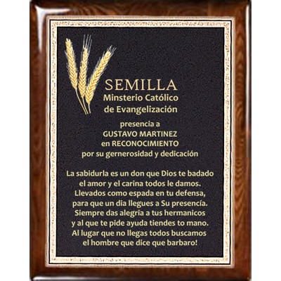 Walnut Piano Finish Plaque, Black-Gold Brass Florentine Plate, 9"x12"