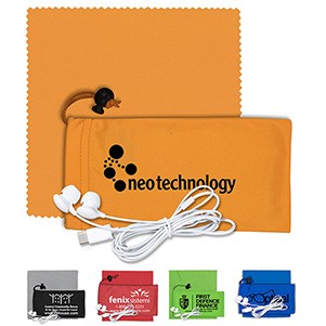 "Tuneboom Plus" Mobile Tech Earbud Kit w/Microfiber Cloth in Microfiber Cinch Pouch