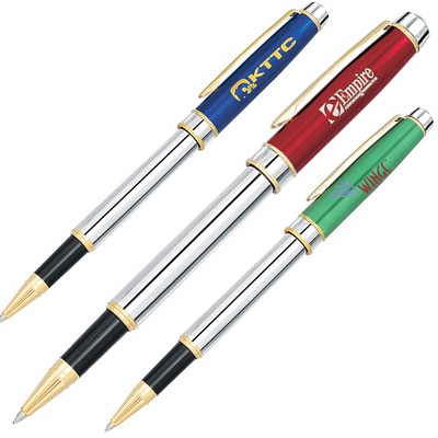 Elegant Designed Cap Off Rollerball Pen w/ Chrome Barrel & Gold Accents