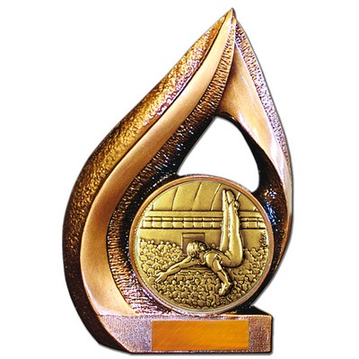 Stock 9" Flame Trophy with 2"Gymnastics Male Coin and Engraving Plate