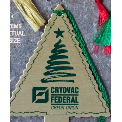 Tree shaped Ornament with a screen printed imprint and an assembled tassel/string