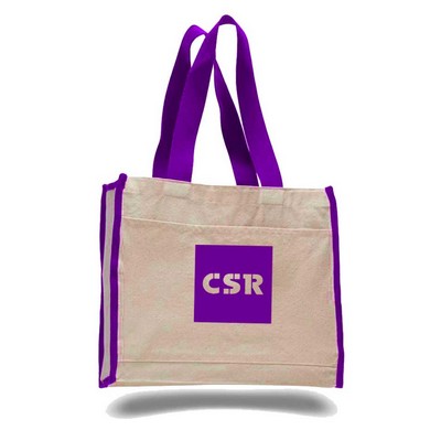 Natural Canvas Tote with Front Pocket & Purple Handles (Printed)