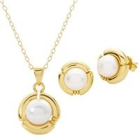 Jilco Inc. Gold Button Pearl Earring & Necklace Set