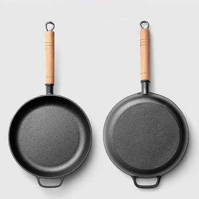 Wood Handle 9.85 Inch Dia. Cast Iron Pan Frying Pan Uncoated Pancake Pan