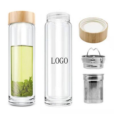 13 Oz. Glass Water Bottle Tumbler w/Bamboo Lid & Tea Infuser