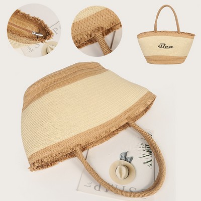 Natural Straw Bag Hand Woven Round Handle Handbags Retro